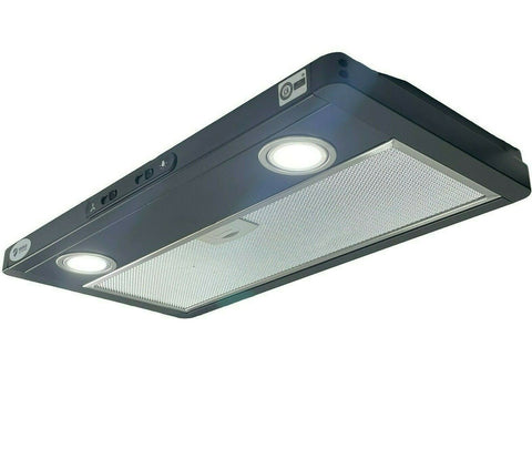 12v Camper Exhaust Cooker Hood with 2x downlights. Black Stainless steel